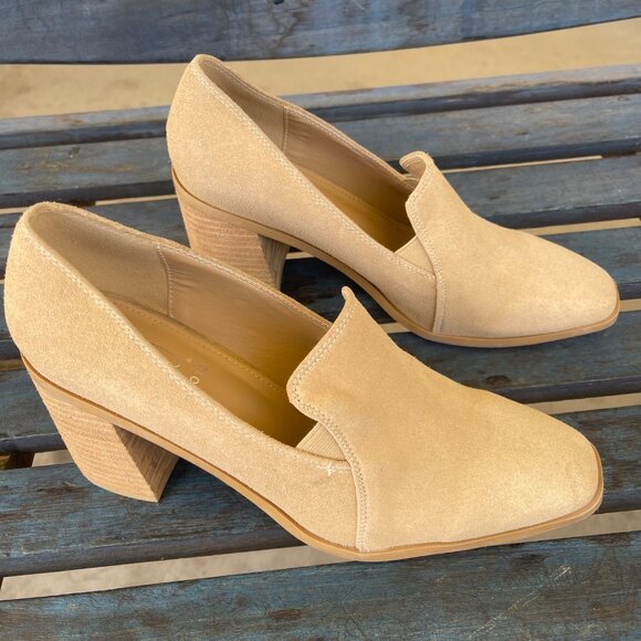 Joie Wevenly Womens Heeled Loafer 9.5M Tan Suede Block Heel Square Toe Slip-On - Picture 1 of 10